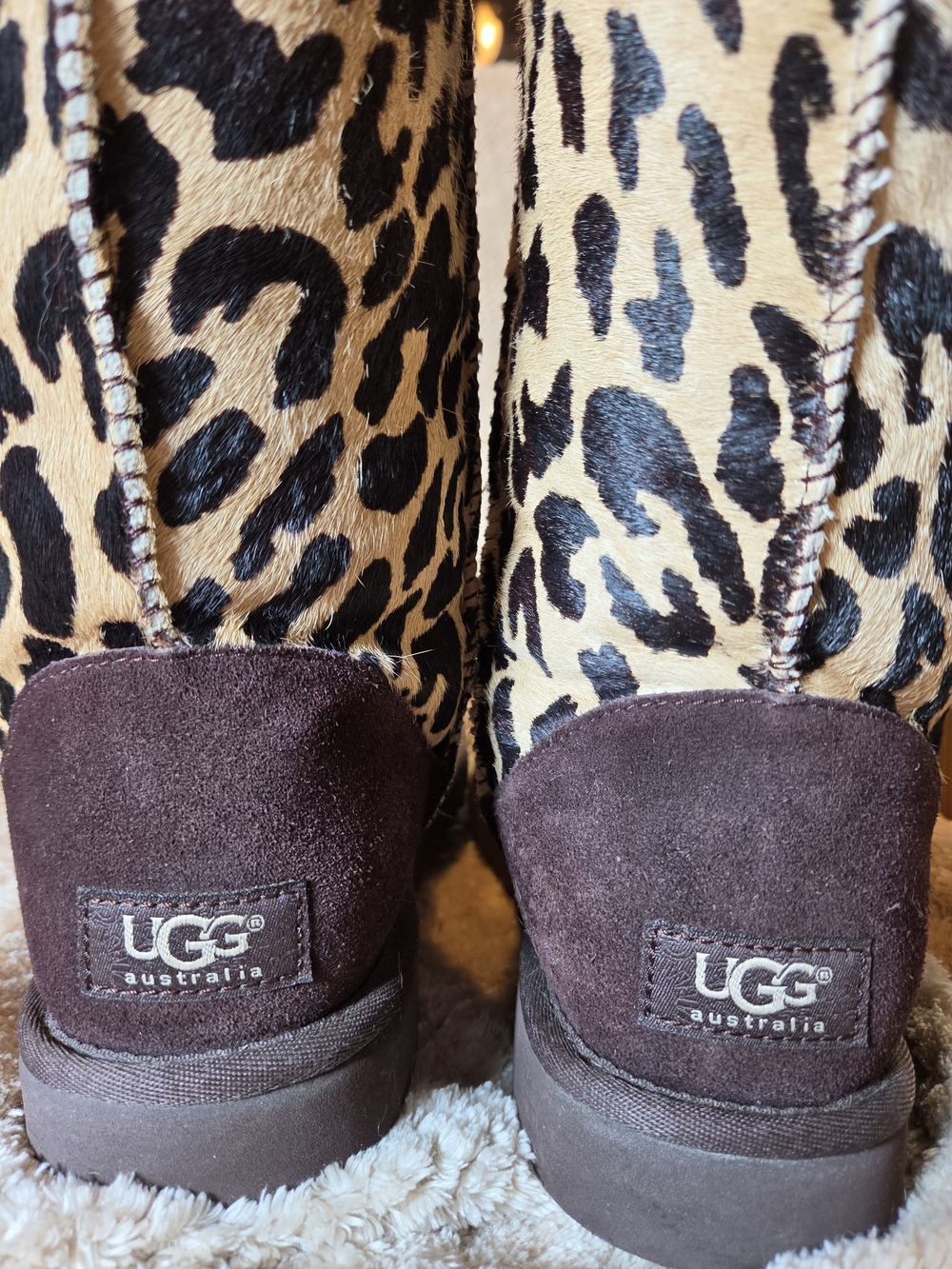 UGG Leopard Haircalf Slippers with Dark Brown Suede Heel